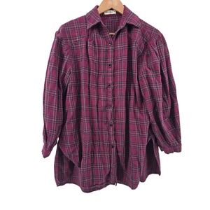 Natural Life Plaid‎ Button Down Shirt Medium Burgundy Blue Long Sleeve Boho